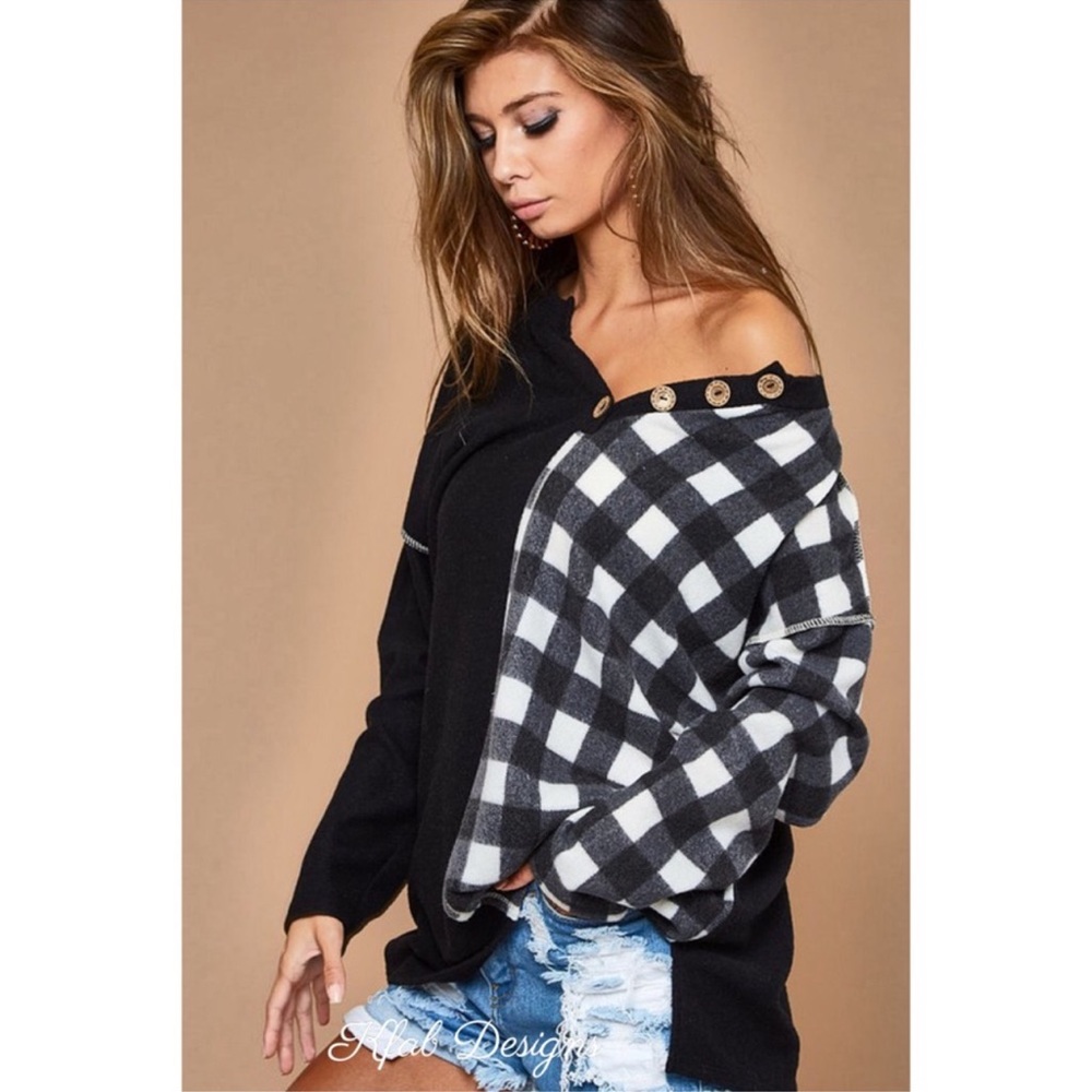 BiBi V-Neck Brushed Knit Dropped Shoulder Plaid Color Block PulloverTop Black - Picture 5 of 16